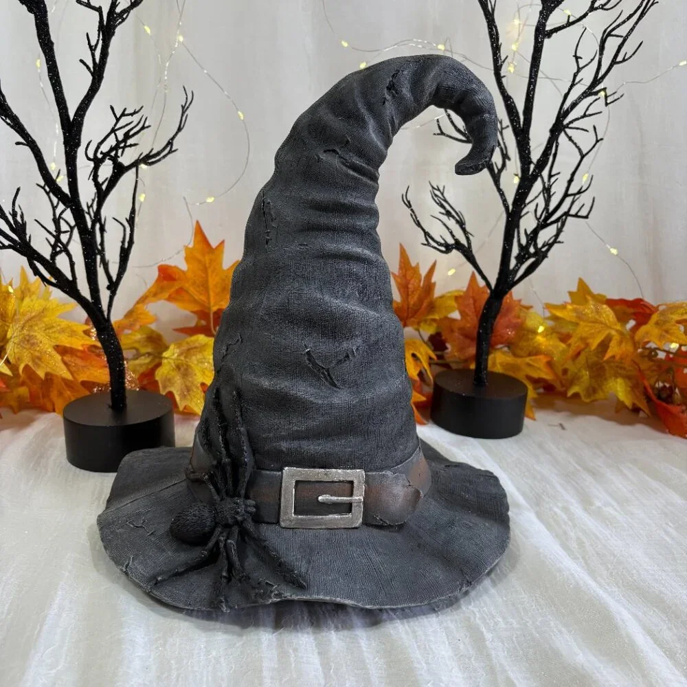 Witch Hat Halloween Prop Decor Gray Stitches Spider Centerpiece Resin Large 14